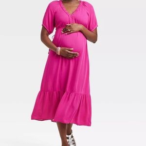 Maternity Dress NWOT - Bright Pink Cinch Waist Midi Maternity Dress
